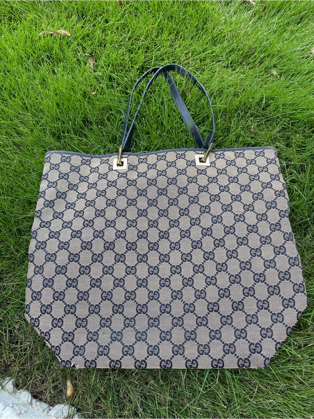 Gucci Beige Canvas GG Tote with Navy Leather Handles